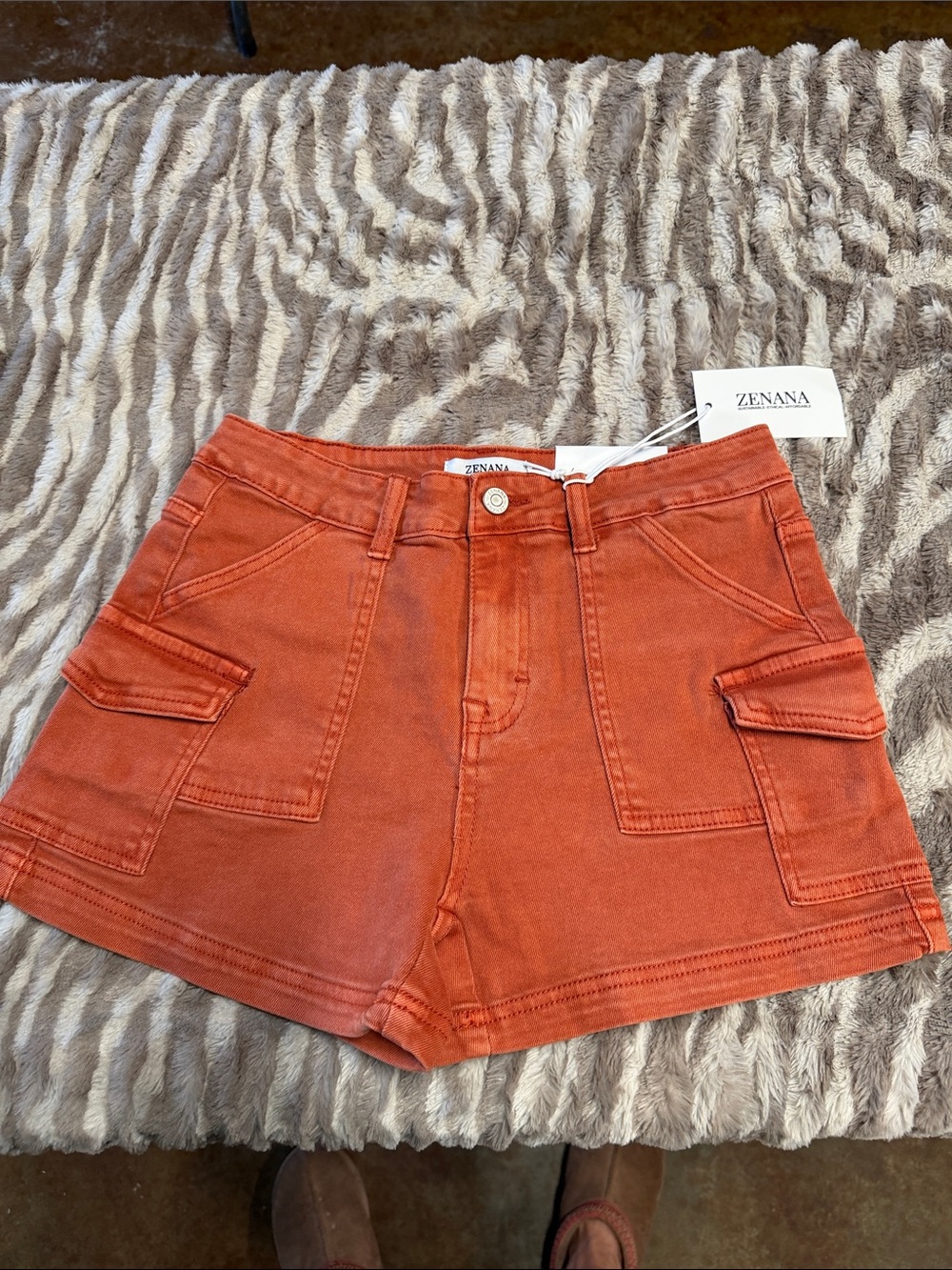 Zenana Outfitters Orange Cargo Patch Pocket Denim Shorts
